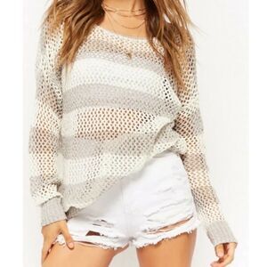 NWT O&O Sweater Sz S/M Open Knit Gray White Long Sleeve Scoop Neck Oversized